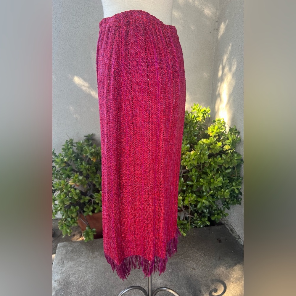 Vtg boho knit skirt red purple S/P fringe hand woven by Zonda Nellis - Picture 5 of 8